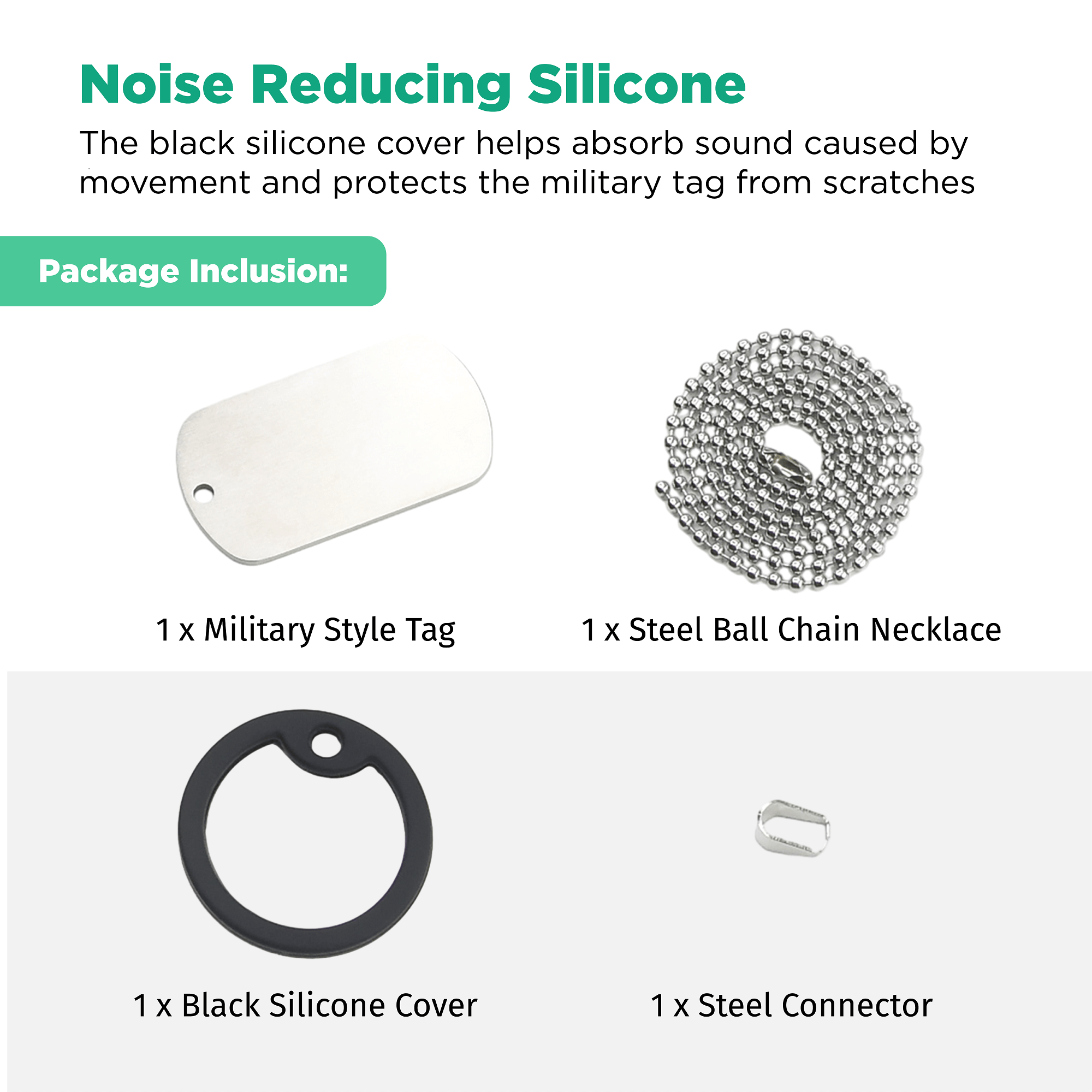 Military Tag Necklace for Men - 304 Stainless Steel Silver Plate w/ Removable Black Silicone Silencer, Laser Engraving Blanks