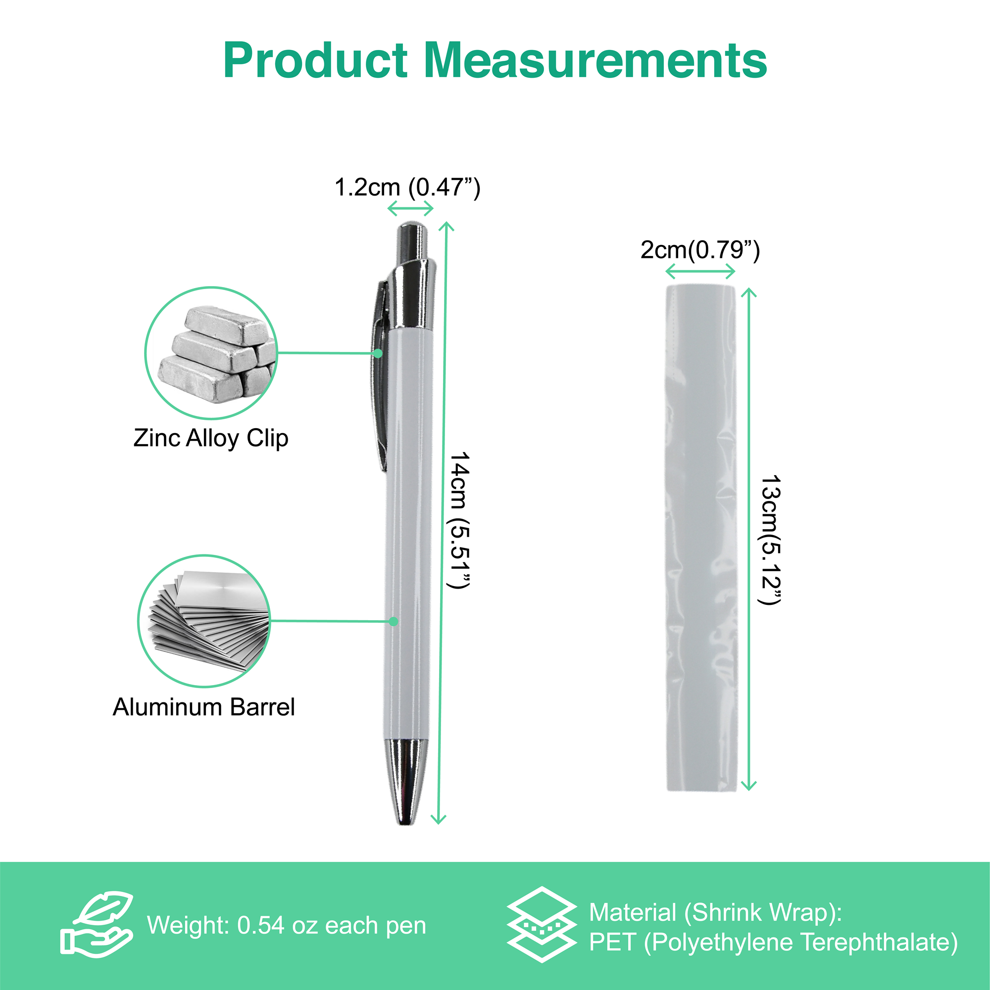Measurement guide for sublimation pen with details on weight, clip, barrel size, and shrink wrap material.