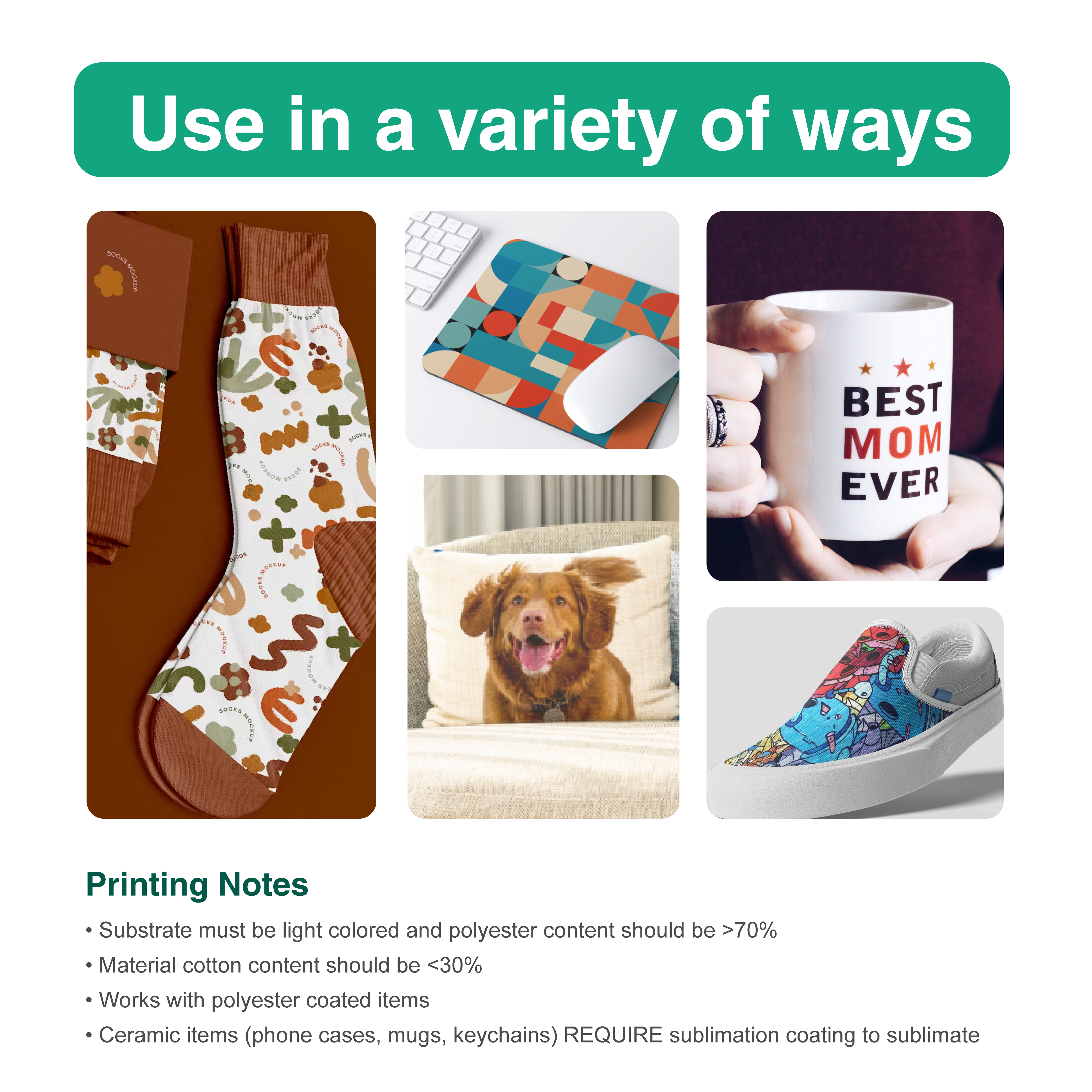 Various sublimation applications including socks, mouse pads, mugs, and shoes for vibrant designs.