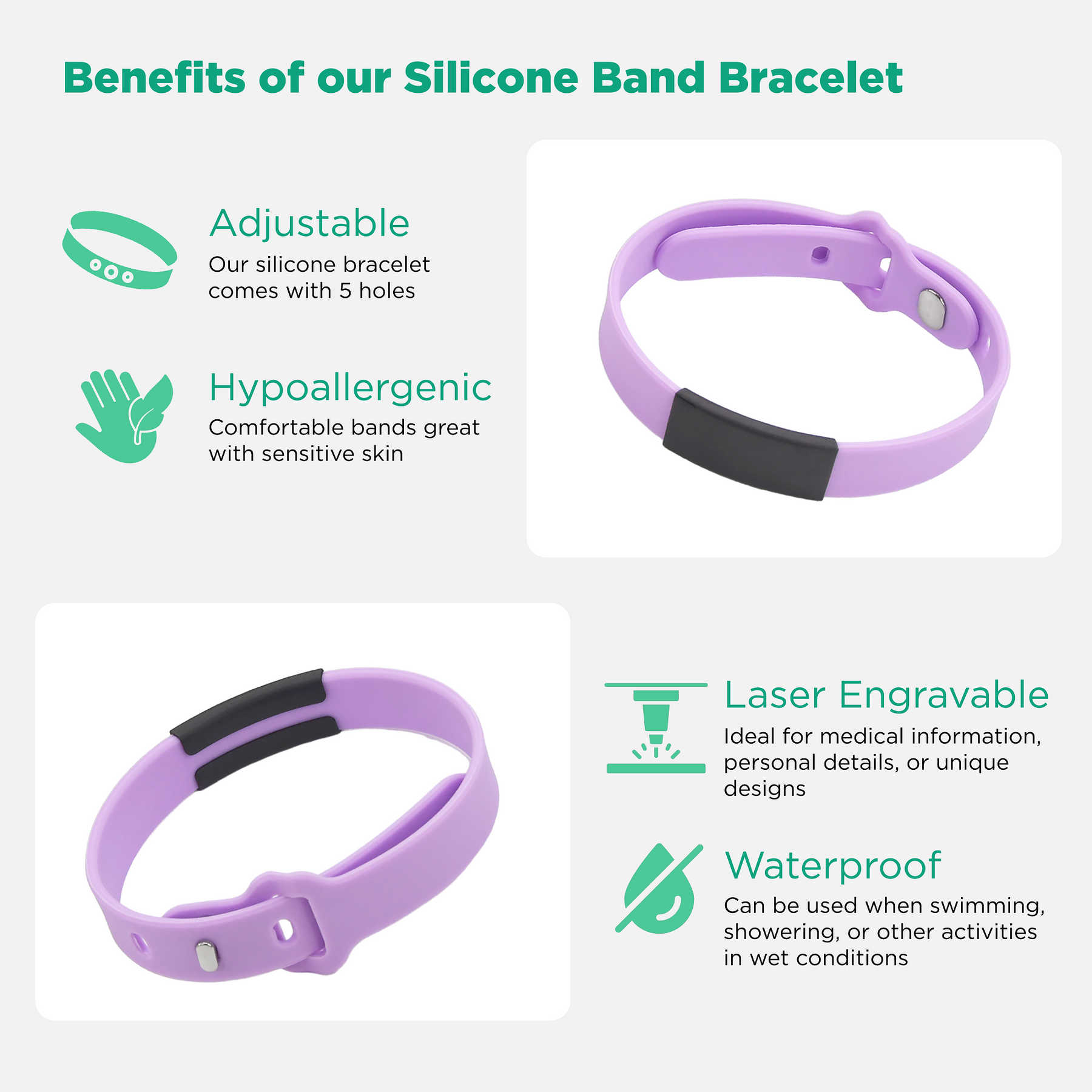 Laserable Silicone Band Bracelets for Men & Women - Removable 304 Stainless Steel ID Tag, First Aid Medical Alert Band, Waterproof & Adjustable