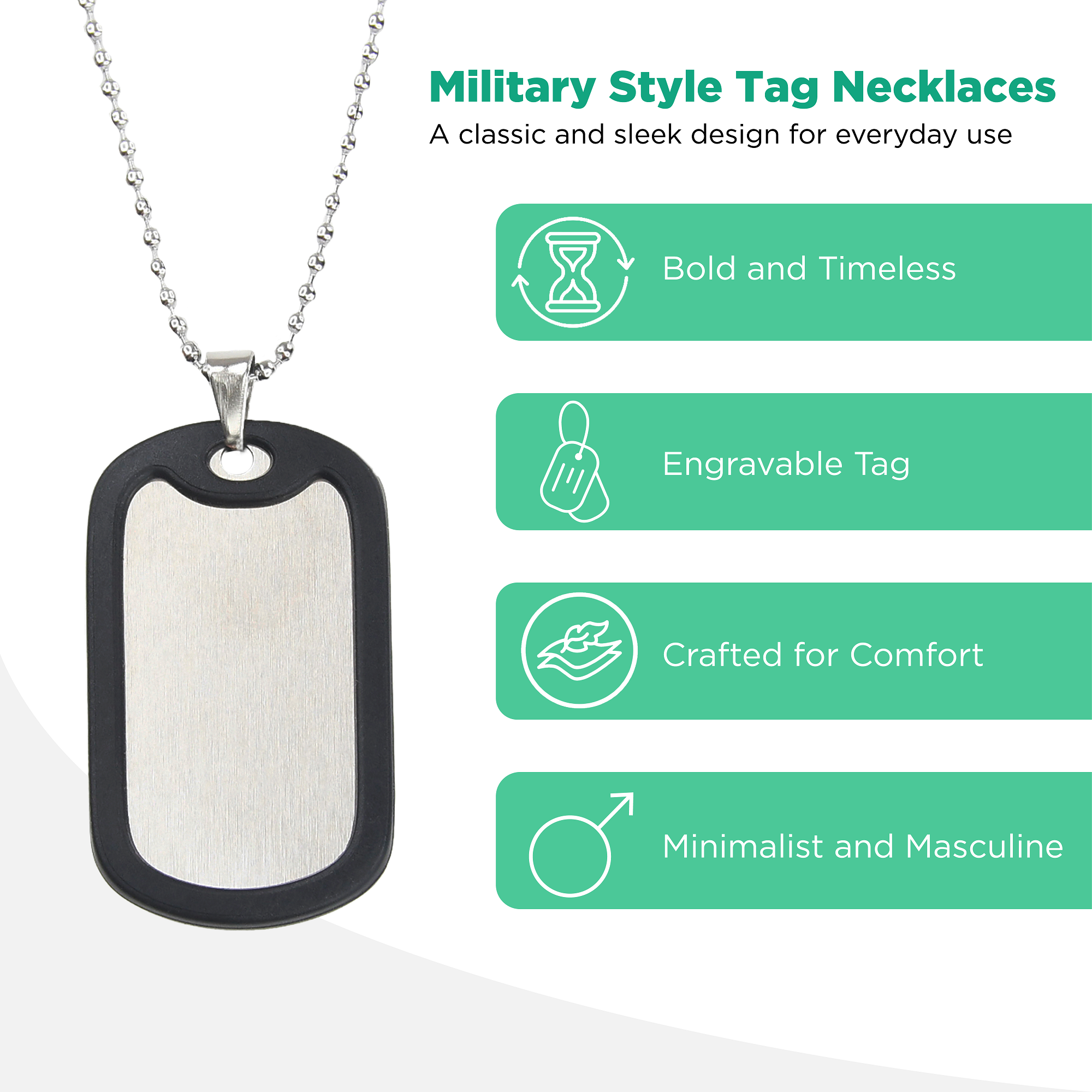 Military Tag Necklace for Men - 304 Stainless Steel Silver Plate w/ Removable Black Silicone Silencer, Laser Engraving Blanks