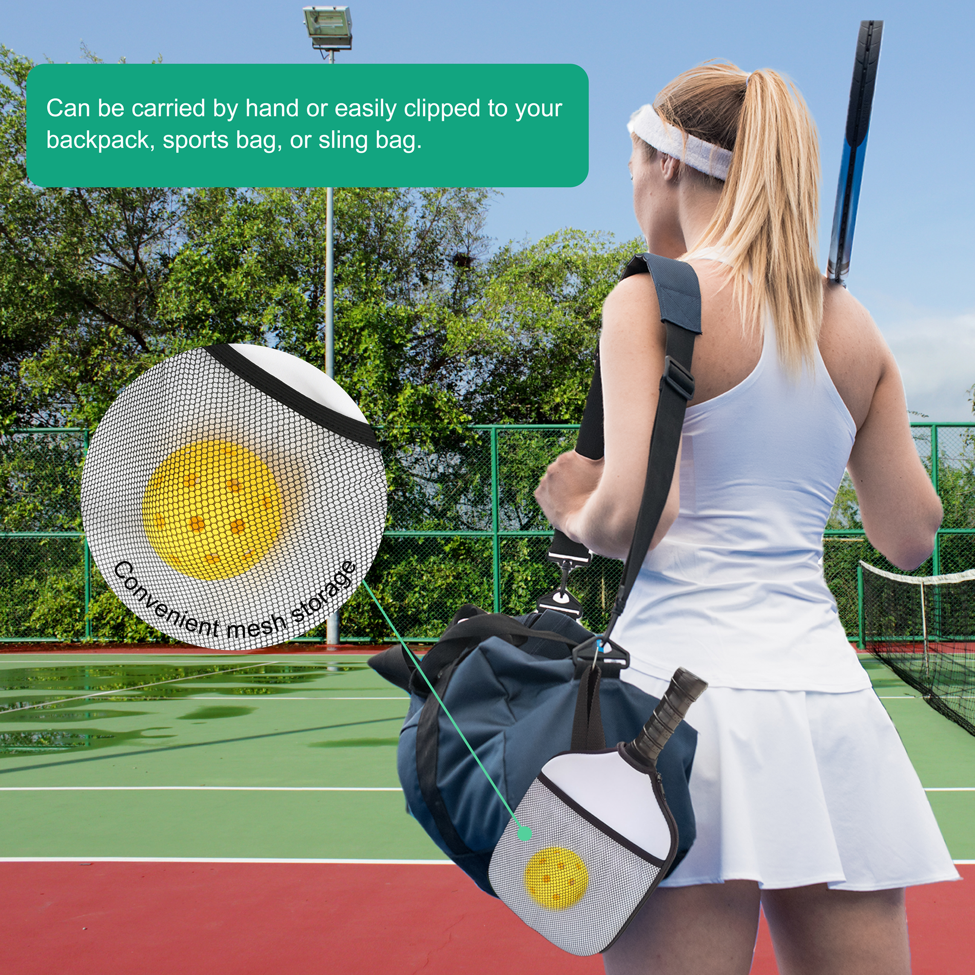 Neoprene Pickleball Paddle Mesh Cover w/ Inner Net Pockets & Strong Handle Grip