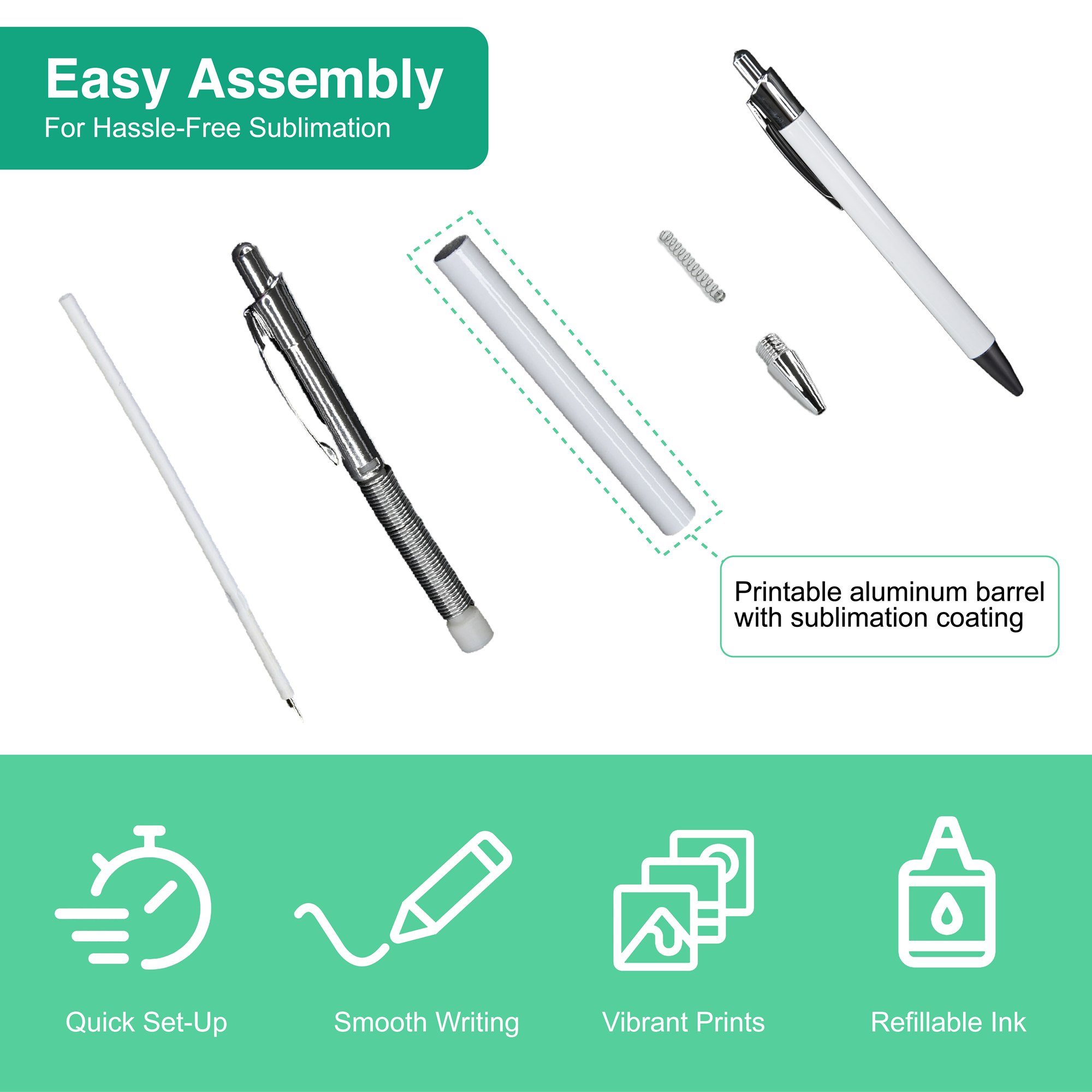 Blank Sublimation Pens - Customizable Aluminum Ballpoint w/ Replaceable Refill (10 Pens + Wrap)